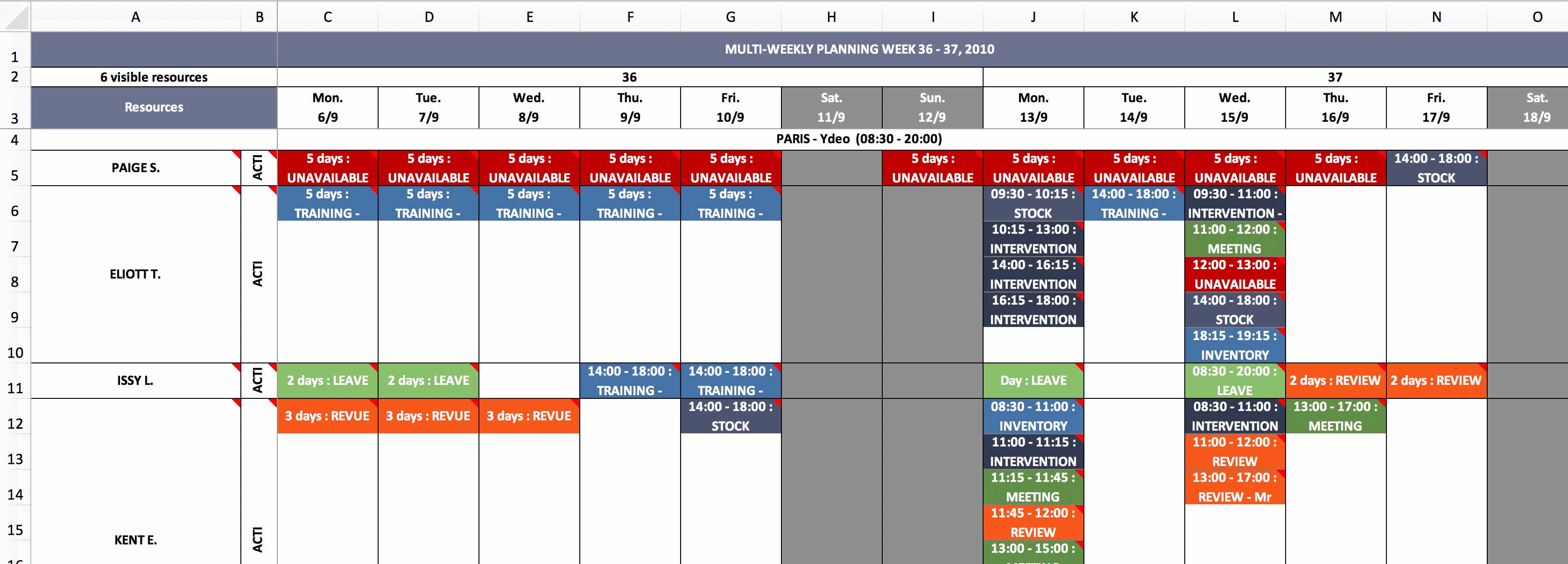 Excel planning for employees